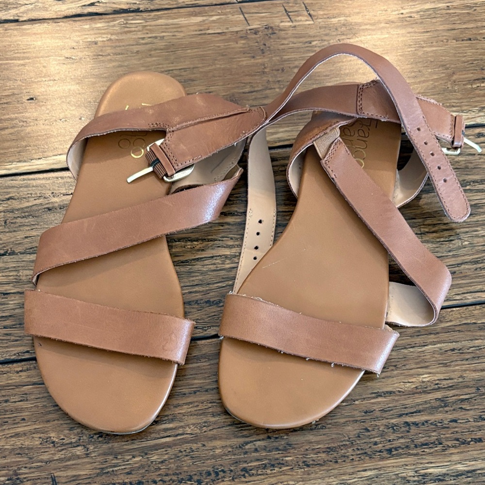 Franco Sarto Cognac Leather Strappy Flat Sandals